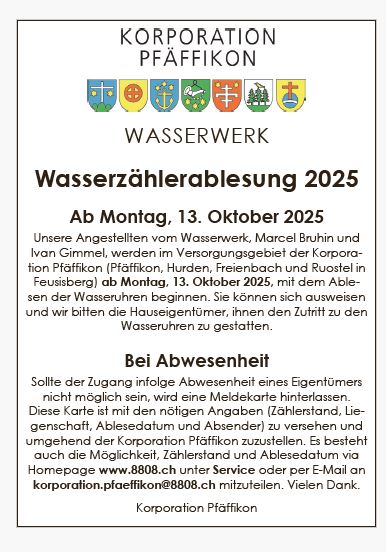 Wasserzählerablesung 2025 ab Montag, 13. Oktober 2025